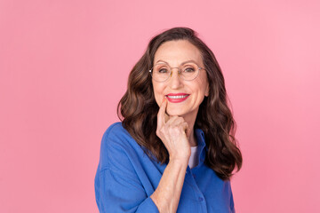 Sticker - Photo portrait of lovely senior lady thoughtful wondered look camera dressed stylish blue garment isolated on pink color background