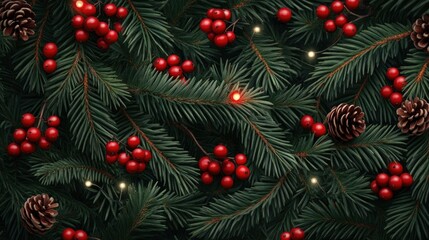 Wall Mural - The composition features lush pine branches with vibrant red berries against a dark green background, enhanced by twinkling lights, creating a warm holiday atmosphere