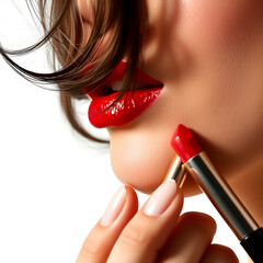 A woman is applying lipstick with a red shade