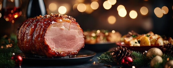 Delicious glazed ham served with festive sides, garnished with herbs, in a warm, cozy holiday setting.