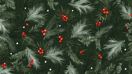 The composition features lush pine branches with vibrant red berries against a dark green background, enhanced by twinkling lights, creating a warm holiday atmosphere