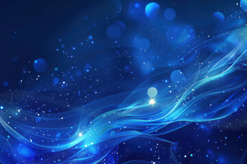 Poster - close up horizontal illustration of an abstract blue shiny blurred fantasy background, light streams, glitters and particles