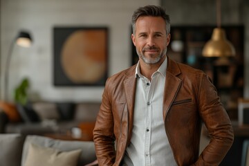 Wall Mural - Man in a brown jacket, white shirt is smiling for camera. He is sitting in room with a lot of furniture. glad man in his 40s sporting stylish leather blazer while standing against interior background