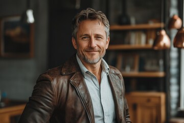 Man in a brown jacket, white shirt is smiling for camera. He is sitting in room with a lot of furniture. glad man in his 40s sporting stylish leather blazer while standing against interior background