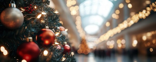 Festive Christmas tree with ornaments and blurred mall background, creating a joyful holiday atmosphere.