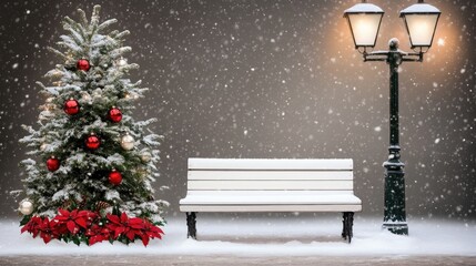 Sticker - Soft snowflakes fall on a beautifully adorned Christmas tree beside a bench. A glowing street lamp illuminates the tranquil winter atmosphere, creating a festive ambiance