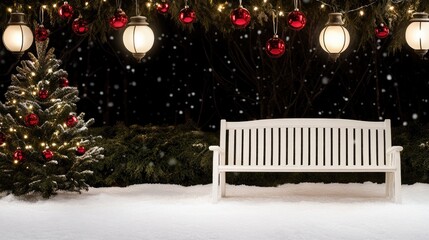 Sticker - Soft snowflakes fall on a beautifully adorned Christmas tree beside a bench. A glowing street lamp illuminates the tranquil winter atmosphere, creating a festive ambiance