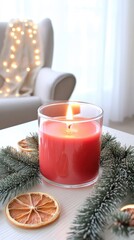 Wall Mural - A red candle with a textured surface sits on a table adorned with orange slices and pine cones, while soft background lights enhance a cozy environment