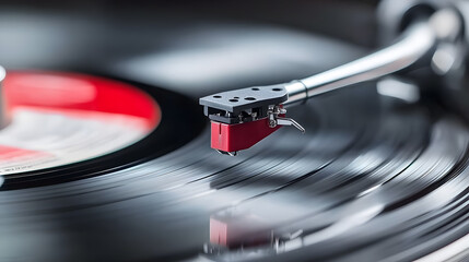 A close-up of a record player's stylus gliding across a spinning vinyl record.