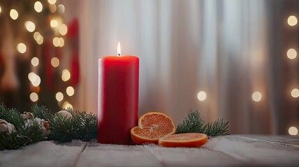 Wall Mural - The warm glow of a red candle shines brightly, accompanied by fresh orange slices and pine cones, all arranged on a soft cotton fabric with a background of gentle, blurred lights