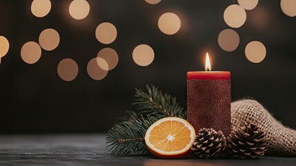 Wall Mural - The warm glow of a red candle shines brightly, accompanied by fresh orange slices and pine cones, all arranged on a soft cotton fabric with a background of gentle, blurred lights