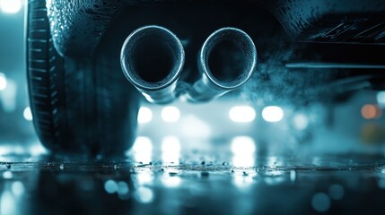 A pair of vehicle exhaust pipes releasing vapor in cold weather, captured up-close with raindrops visible, emphasizing urban and environmental themes.