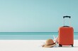 © Odin AI - An orange suitcase and sunhat rest charmingly on a serene beach, surrounded by seashells, representing a relaxed and carefree vacation ambiance.