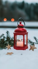 Wall Mural - A festive red lantern glows warmly on the snow, with a candle inside illuminating small Christmas decorations and greenery, creating a joyful winter atmosphere