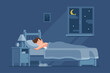 © Tartila - A young man lies comfortably in bed, tucked under a blanket. The room is dimly lit, with a clock on the bedside table, while a crescent moon shines through the window.