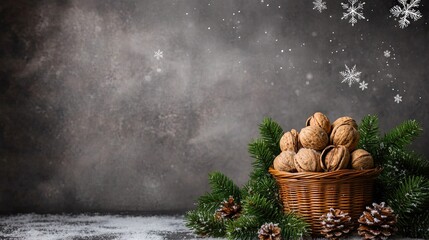 Wall Mural - A woven basket filled with walnuts is placed on a table, surrounded by pine branches and green leaves, creating a warm atmosphere amid Christmas decorations