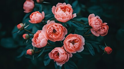 Wall Mural - A close-up shot of several pink peonies in bloom, with lush green foliage in the background.