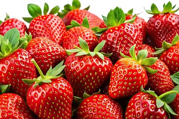 Illustration of vivid red strawberries on a crisp white background, emphasizing striking colors and textures in a flat style, celebrating their freshness and allure.