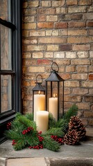 Canvas Print - A vintage lantern featuring a lit candle, decorated with pine cones and holly berries, adds rustic charm to the outdoor shelf next to the fireplace for Christmas