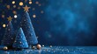 © Tatiana Munko - Blue and gold Christmas tree toys on a dark blue background, Christmas tree, festive atmosphere, free space for text