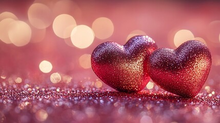 Two glowing hearts a pink glitter backdrop surrounded by shiny sparkles and light reflections capturing the essence of love and Valentine's Day in a soft elegant and festive atmosphere