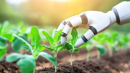 A robotic arm carefully handling fresh green seedlings, blending nature and technology in sustainable farming focus on, ethereal, overlay, organic farm backdrop