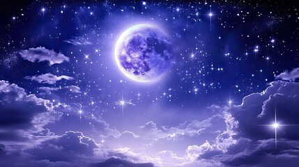 Wall Mural - a crescent moon shines brightly in the night sky, surrounded by fluffy clouds and twinkling stars.