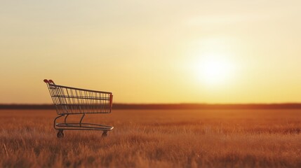 A solitary shopping cart placed in the vast farm field at sunset, symbolizing consumerism and the notion of abundance in nature.