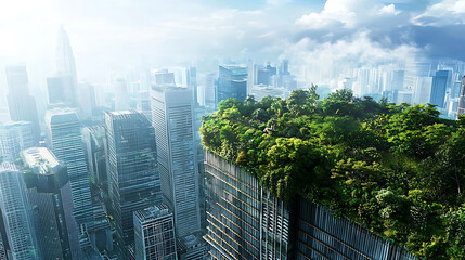 lush green rooftop garden sits atop modern skyscraper, offering serene escape amidst bustling urban landscape. vibrant greenery contrasts with sleek city skyline