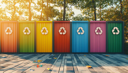 Colorful recycling bins stand in row, each designated for different materials, set against sunny park backdrop. vibrant colors and clear symbols encourage eco friendly habits