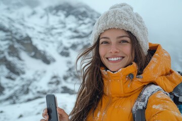 Smiling woman wearing a white hat and orange jacket is standing in the snow. She is smiling and she is enjoying the winter weather