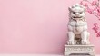 © CHA - Lion statue beside pink wall with cherry blossoms