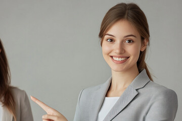 Two women in business attire pointing at the camera.