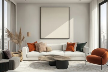 a living room template mockup with a warm feel and light grey walls and a blank wall use deep rusty pinks , cream deep teal and black as accent colors