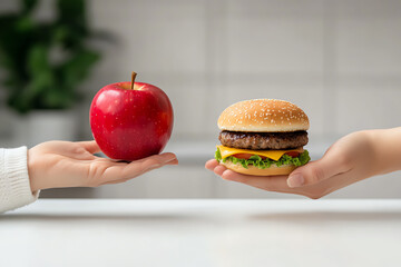 A hand holding a fresh red apple next to a cheeseburger, representing healthy vs unhealthy food choices close up, focus on nutrition contrast, vibrant, double exposure, kitchen