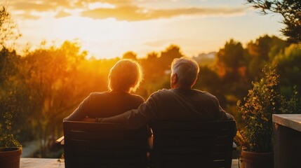 Senior couple enjoying sunset view from home together in a peaceful moment representing retirement lifestyle and companionship