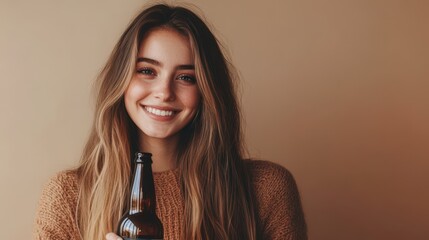 Wall Mural - Smiling young woman with long hair holding a beer bottle against a plain background appearing happy and carefree