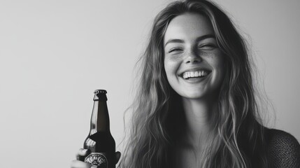 Poster - Smiling young woman with long hair holding a beer bottle against a plain background appearing happy and carefree