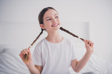 Canvas Print - Portrait of pretty adorable lovely girl enjoying weekend free time white light room interior indoors