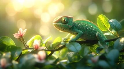 Chameleon on Branch with Sunlight Filtering Through Leaves