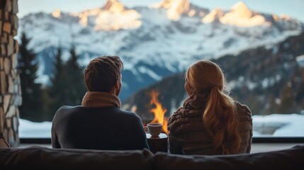 Wall Mural - A couple is sitting on a couch in front of a fireplace, enjoying a cup of coffee