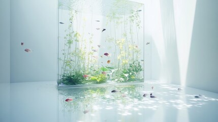 A floating transparent aquarium in a bright white room, showcasing luminous fish and otherworldly plants, transforming the space into a living art installation.