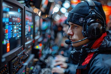 Wall Mural - a focused production crew member in a beanie hat and headset, operating video and audio equipment on