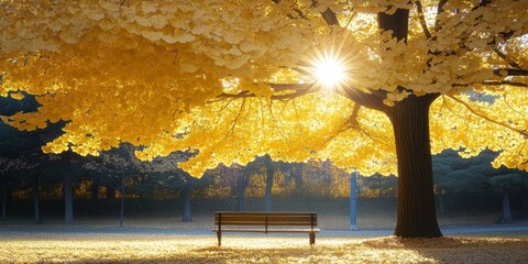 Poster - A serene park scene featuring a bright yellow tree and a wooden bench. The sunlight filters through the leaves, creating a warm atmosphere. This image captures the beauty of autumn. AI