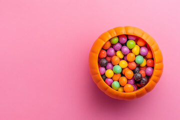 Wall Mural - Top-down view of colorful Halloween candy in a pumpkin bowl, minimalist pink background, cheerful and playful holiday treats.