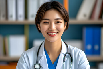 Confident young Asian female doctor with short hair in a white lab coat standing in a hospital office , ready to provide medical care. Medicine, health care concept.