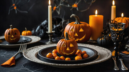 Halloween table setting in living room.