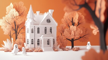 Spooky yet whimsical paper scene of a white haunted house with autumn trees and playful ghosts, perfect for a light-hearted Halloween theme.