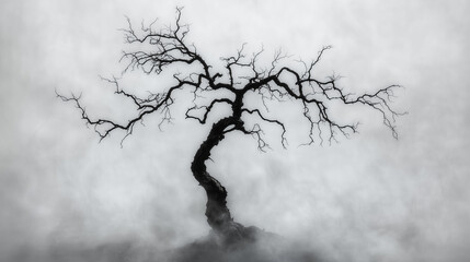 A tree with no leaves is standing in the fog. The tree is tall and thin, with branches reaching out in all directions. The fog is thick and heavy, creating a sense of mystery and unease