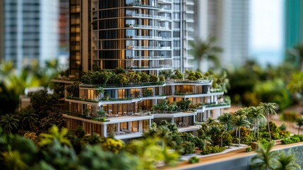 A model of a luxury high-rise condo, complete with balconies, floor-to-ceiling glass, and modern landscaping.